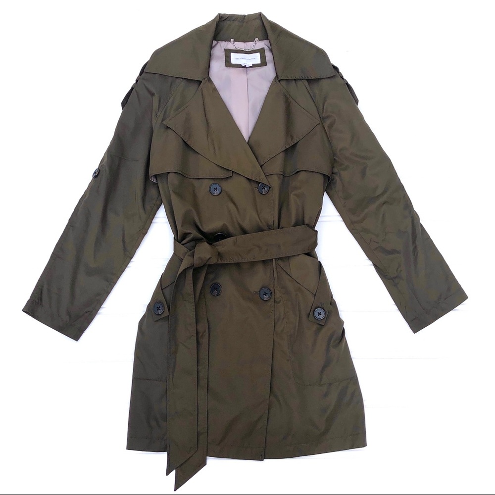 BCBG Olive Green Double-Breasted Trench Coat